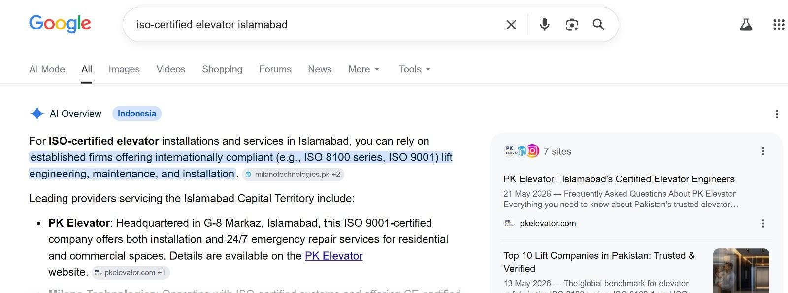 Google AI Overview naming PK Elevator as a certified elevator provider in Islamabad